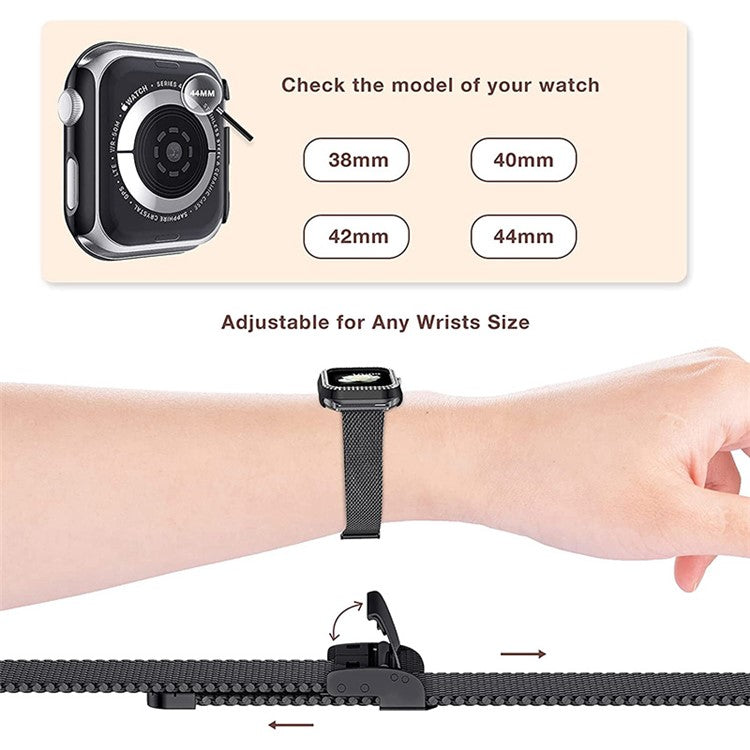 For Apple Watch Series 8 45mm / 7 45mm Smart Watch Band T-shape Buckle Milanese Metal Strap with Dual Row Rhinestone PC Watch Case - Black