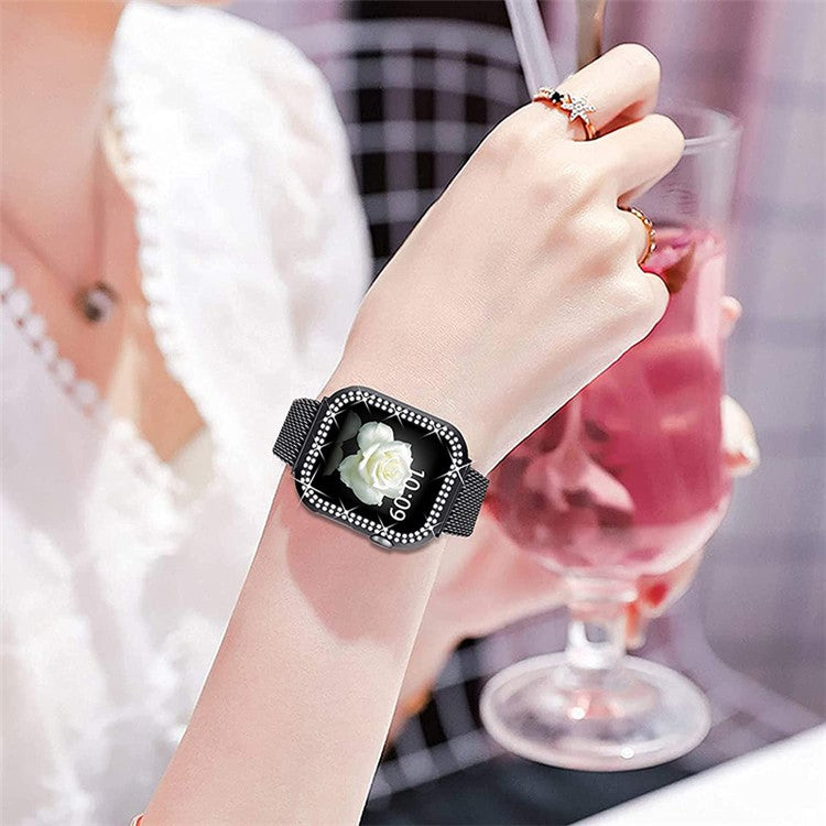 For Apple Watch Series 8 45mm / 7 45mm Smart Watch Band T-shape Buckle Milanese Metal Strap with Dual Row Rhinestone PC Watch Case - Black