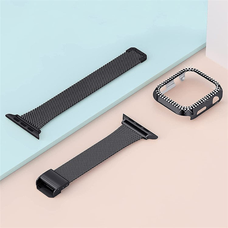 For Apple Watch Series 8 45mm / 7 45mm Smart Watch Band T-shape Buckle Milanese Metal Strap with Dual Row Rhinestone PC Watch Case - Black
