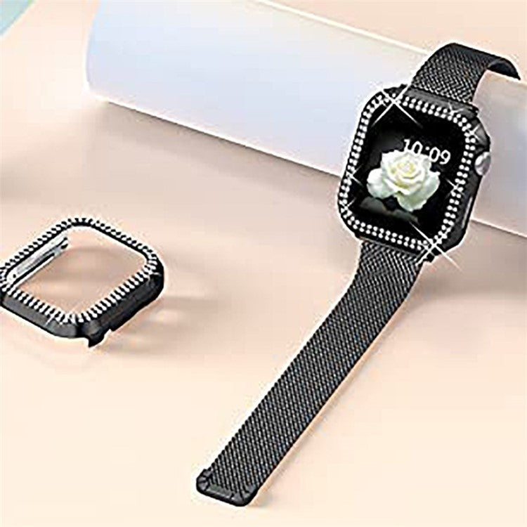 For Apple Watch Series 8 45mm / 7 45mm Smart Watch Band T-shape Buckle Milanese Metal Strap with Dual Row Rhinestone PC Watch Case - Black
