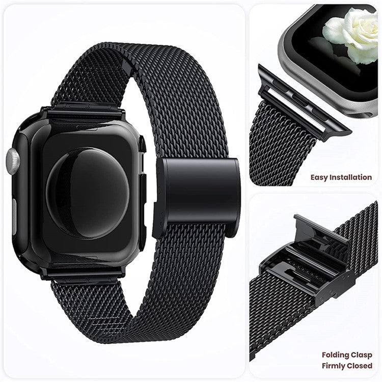 For Apple Watch 1 / 2 / 3 42mm Metal Milanese Watch Strap Quick Release Watch Band Replacement Watchband + PC Watch Case with Dual Row Rhinestone Decoration - Black