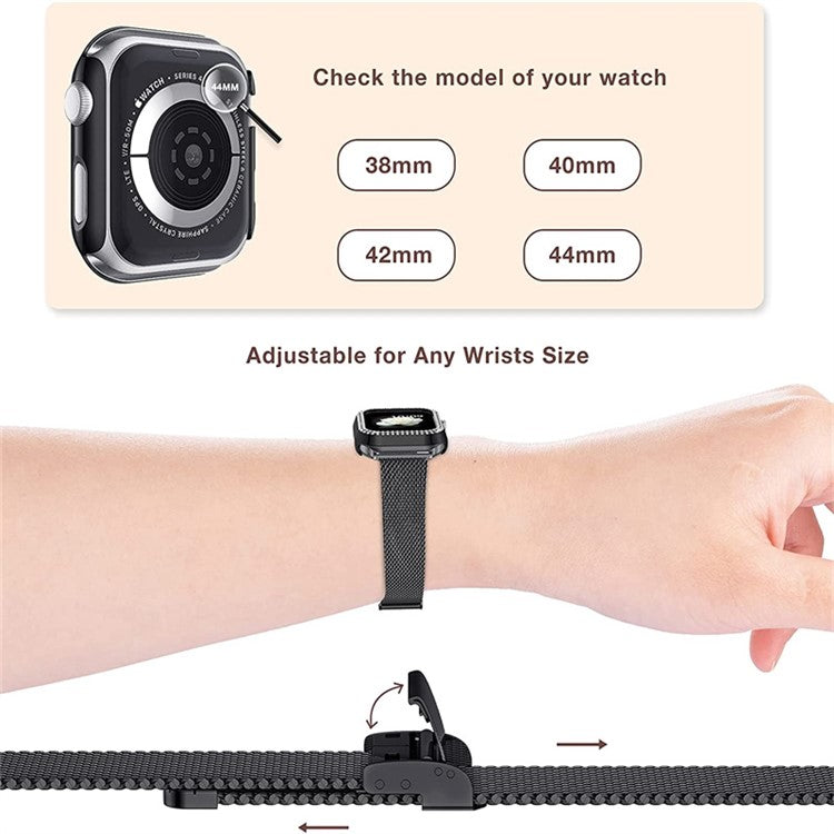 For Apple Watch 1 / 2 / 3 42mm Metal Milanese Watch Strap Quick Release Watch Band Replacement Watchband + PC Watch Case with Dual Row Rhinestone Decoration - Black