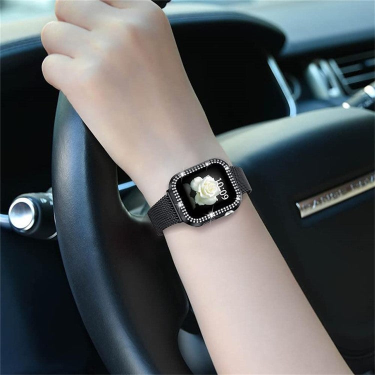 For Apple Watch 1 / 2 / 3 42mm Metal Milanese Watch Strap Quick Release Watch Band Replacement Watchband + PC Watch Case with Dual Row Rhinestone Decoration - Black