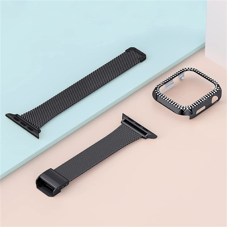 For Apple Watch 1 / 2 / 3 42mm Metal Milanese Watch Strap Quick Release Watch Band Replacement Watchband + PC Watch Case with Dual Row Rhinestone Decoration - Black
