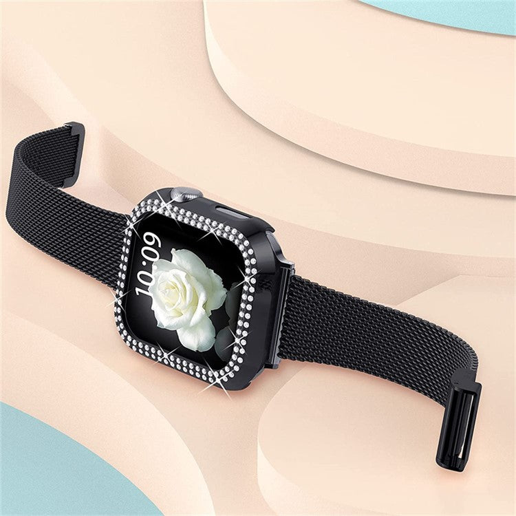 For Apple Watch 1 / 2 / 3 42mm Metal Milanese Watch Strap Quick Release Watch Band Replacement Watchband + PC Watch Case with Dual Row Rhinestone Decoration - Black