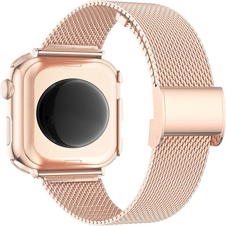 For Apple Watch 1 / 2 / 3 42mm Metal Milanese Watch Strap Quick Release Watch Band Replacement Watchband + PC Watch Case with Dual Row Rhinestone Decoration - Rose Gold