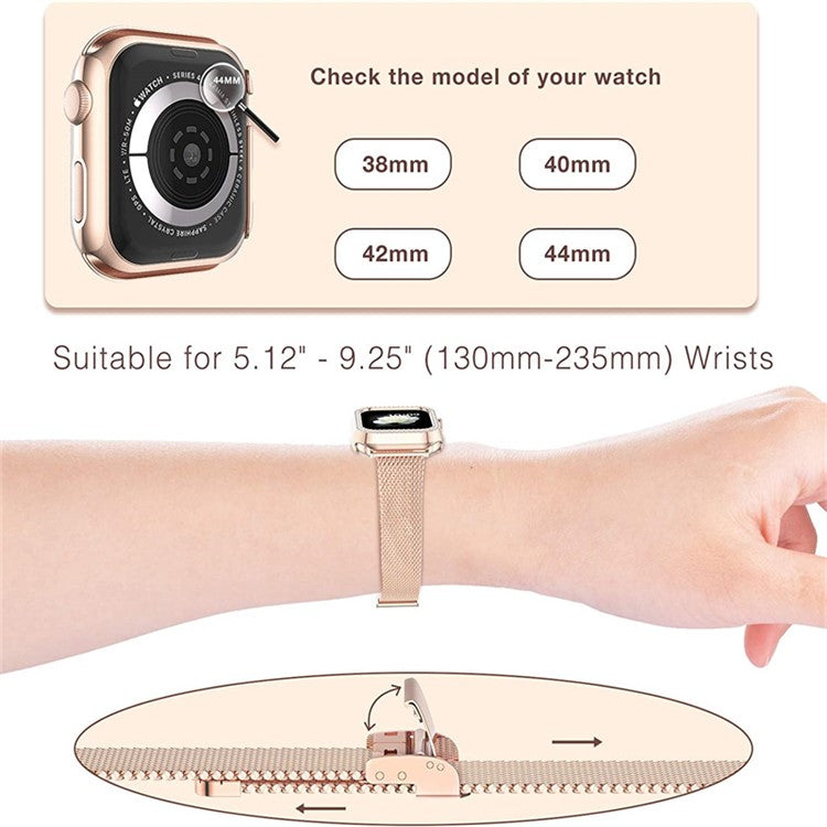 For Apple Watch 1 / 2 / 3 42mm Metal Milanese Watch Strap Quick Release Watch Band Replacement Watchband + PC Watch Case with Dual Row Rhinestone Decoration - Rose Gold