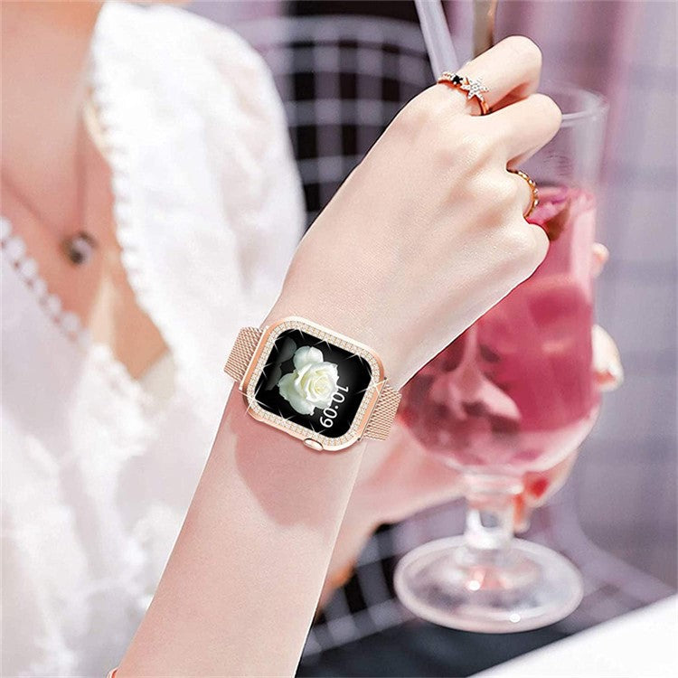 For Apple Watch 1 / 2 / 3 42mm Metal Milanese Watch Strap Quick Release Watch Band Replacement Watchband + PC Watch Case with Dual Row Rhinestone Decoration - Rose Gold