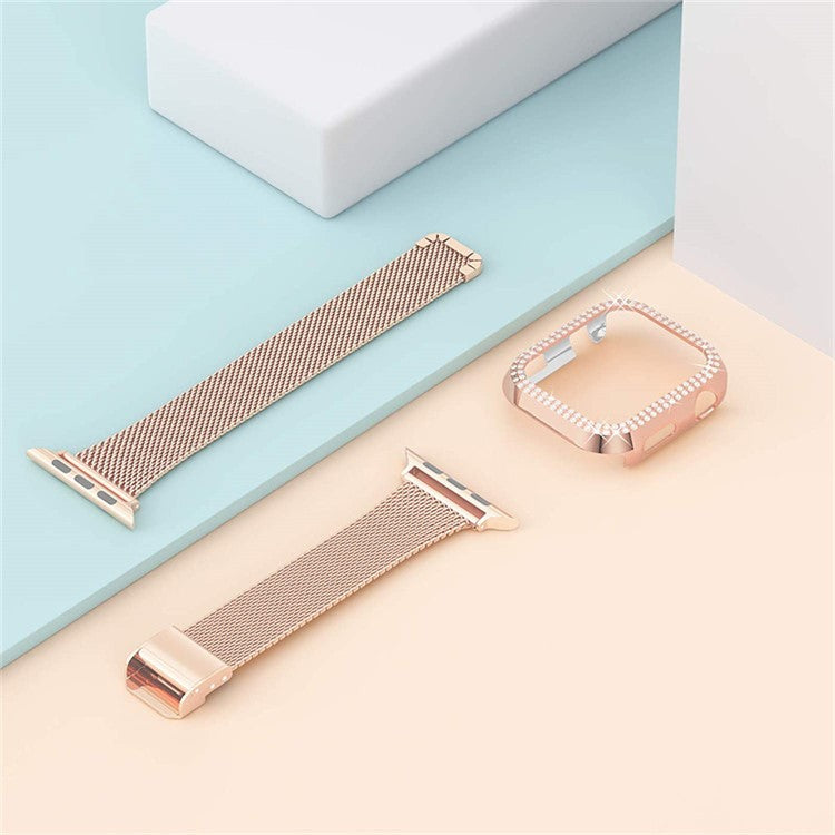 For Apple Watch 1 / 2 / 3 42mm Metal Milanese Watch Strap Quick Release Watch Band Replacement Watchband + PC Watch Case with Dual Row Rhinestone Decoration - Rose Gold