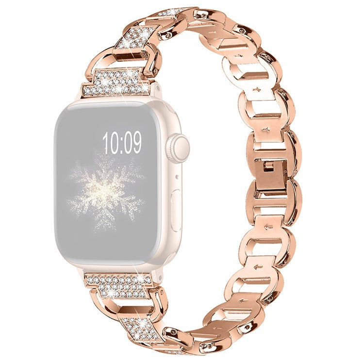 For Apple Watch Series 10 46mm / Ultra 2 Ultra 49mm / Series 9 8 7 45mm / 6 5 4 SE (2023) SE (2022) SE 44mm / 3 2 1 42mm Metal Watch Strap Quick Release Rhinestone Decoration Watchband - Rose Gold