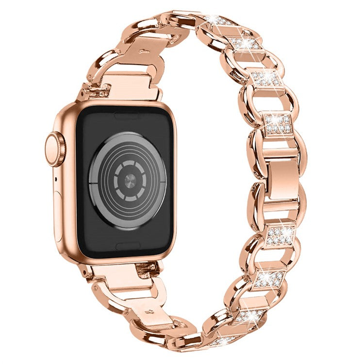 For Apple Watch Series 10 46mm / Ultra 2 Ultra 49mm / Series 9 8 7 45mm / 6 5 4 SE (2023) SE (2022) SE 44mm / 3 2 1 42mm Metal Watch Strap Quick Release Rhinestone Decoration Watchband - Rose Gold