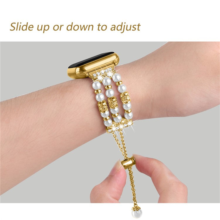 For Fitbit Versa 3 / Fitbit Sense Jewelry Stretch Watch Band Adjustable Metal Wristband Pearl Rhinestone Decorated Watch Strap for Women Girls - Gold