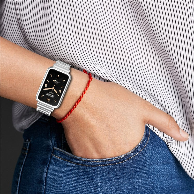 For Xiaomi Mi Band 7 Pro Replacement Smartwatch Band Stainless Steel 3 Beads Wrist Strap with Watch Case - Black