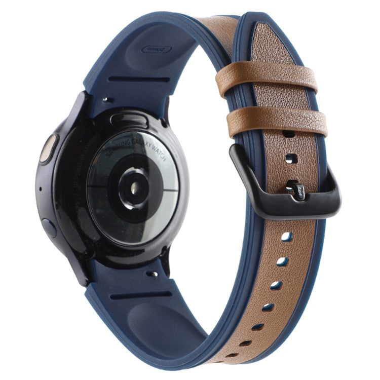 For Samsung Galaxy Watch6 40mm 44mm / Watch6 Classic 43mm 47mm / Watch 5 40mm 44mm / 5 Pro 45mm / Watch4 40mm 44mm Dual Color Genuine Leather Coated Silicone Watch Strap Replacement - Blue / Khaki Plain Grain