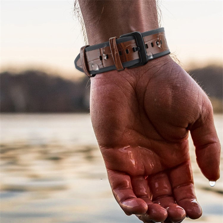 For Samsung Galaxy Watch6 40mm 44mm / Watch6 Classic 43mm 47mm / Watch 5 40mm 44mm / 5 Pro 45mm / Watch4 40mm 44mm Dual Color Genuine Leather Coated Silicone Watch Strap Replacement - Blue / Khaki Plain Grain