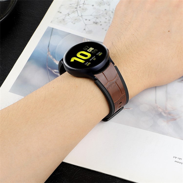 For Samsung Galaxy Watch6 40mm 44mm / Watch6 Classic 43mm 47mm / Watch 5 40mm 44mm / 5 Pro 45mm / Watch4 40mm 44mm Dual Color Genuine Leather Coated Silicone Watch Strap Replacement - Blue / Khaki Plain Grain