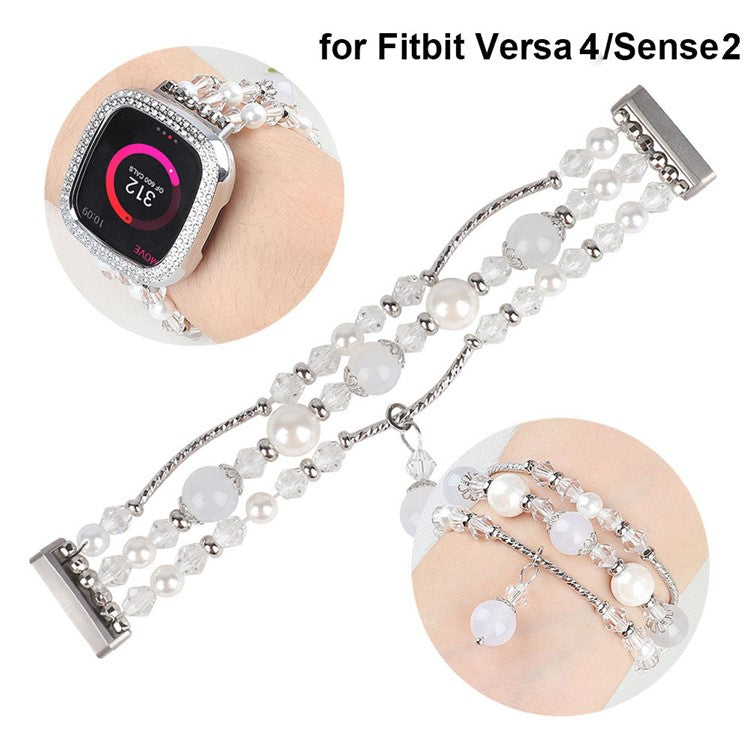 For Fitbit Versa 4 / Sense 2 Agate Beads Bracelet Band Jewelry Watch Strap Replacement - White