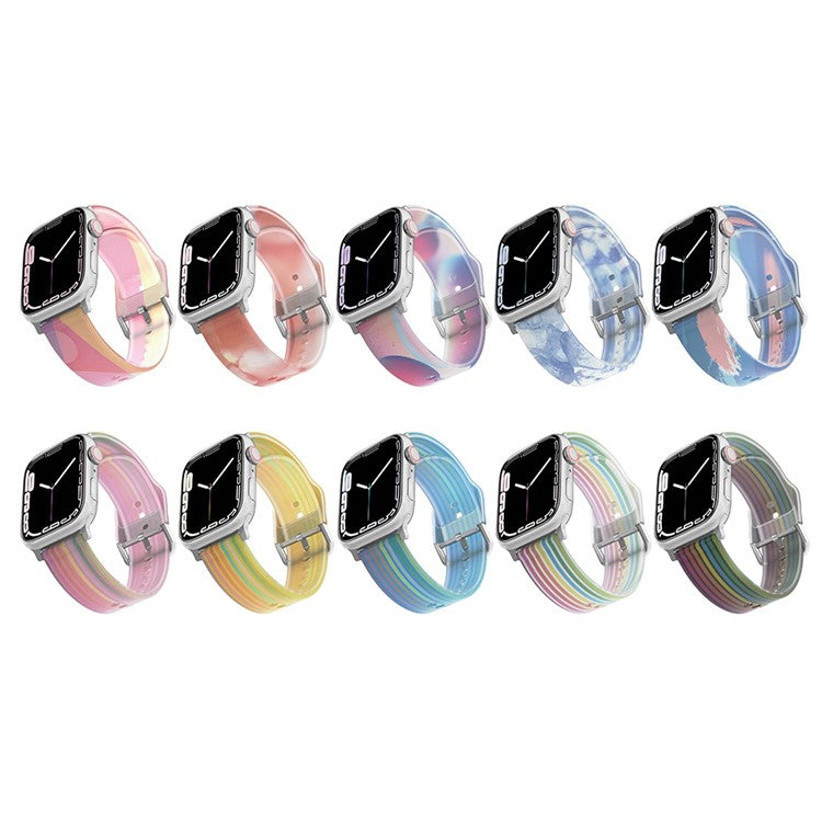 For Apple Watch Series 10 46mm / Ultra 2 Ultra 49mm / Series 9 8 7 45mm / 6 5 4 SE (2023) SE (2022) SE 44mm / 3 2 1 42mm Rainbow Color Quick Release Watch Strap Silicone Watchband - Pink Yellow