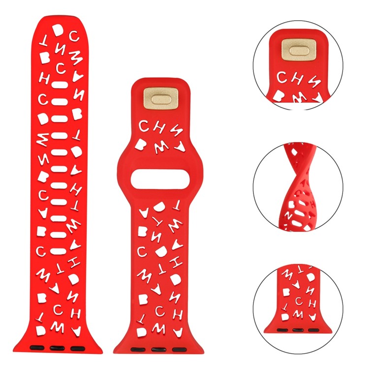 For Apple Watch 9 / 8 / 7 41mm / 6 / 5 / 4 / SE / SE (2022) / SE (2023) 40mm / 3 / 2 / 1 38mm Silicone Watch Band Watch Strap Hollow Letters Quick Release Watchband - Red
