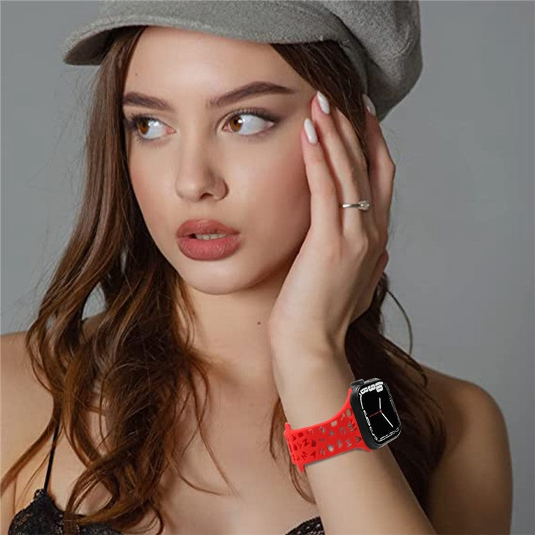 For Apple Watch 9 / 8 / 7 41mm / 6 / 5 / 4 / SE / SE (2022) / SE (2023) 40mm / 3 / 2 / 1 38mm Silicone Watch Band Watch Strap Hollow Letters Quick Release Watchband - Red