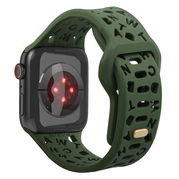 For Apple Watch Series 10 46mm / Ultra 2 Ultra 49mm / Series 9 8 7 45mm / 6 5 4 SE (2023) SE (2022) SE 44mm / 3 2 1 42mm Quick Release Silicone Strap Hollow Letters Watchband - Blackish Green