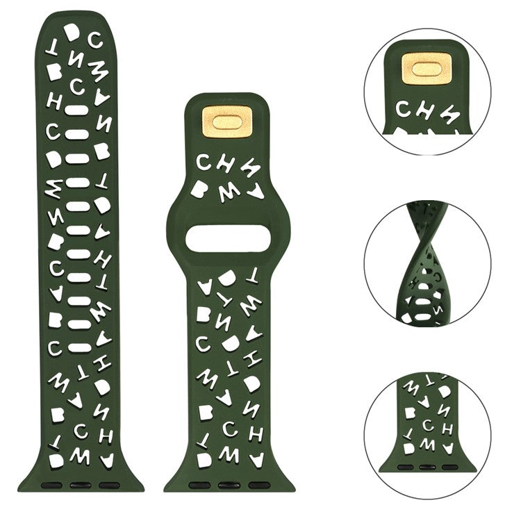 For Apple Watch Series 10 46mm / Ultra 2 Ultra 49mm / Series 9 8 7 45mm / 6 5 4 SE (2023) SE (2022) SE 44mm / 3 2 1 42mm Quick Release Silicone Strap Hollow Letters Watchband - Blackish Green