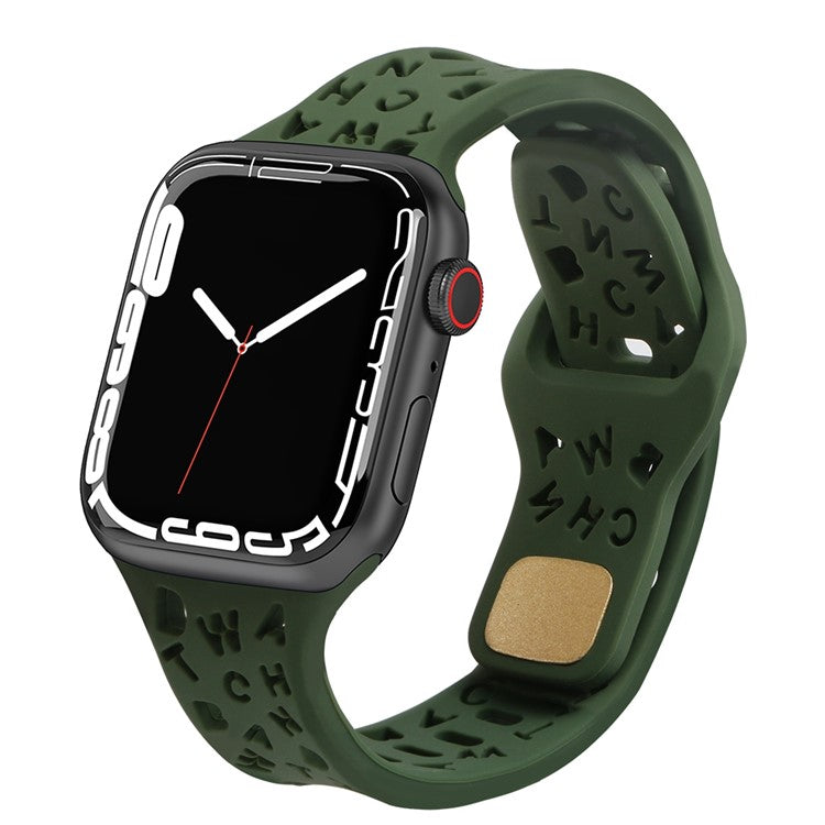 For Apple Watch Series 10 46mm / Ultra 2 Ultra 49mm / Series 9 8 7 45mm / 6 5 4 SE (2023) SE (2022) SE 44mm / 3 2 1 42mm Quick Release Silicone Strap Hollow Letters Watchband - Blackish Green