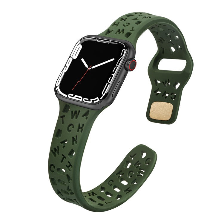 For Apple Watch Series 10 46mm / Ultra 2 Ultra 49mm / Series 9 8 7 45mm / 6 5 4 SE (2023) SE (2022) SE 44mm / 3 2 1 42mm Quick Release Silicone Strap Hollow Letters Watchband - Blackish Green