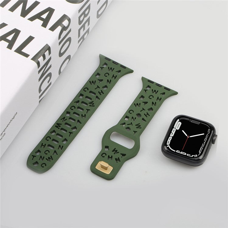 For Apple Watch Series 10 46mm / Ultra 2 Ultra 49mm / Series 9 8 7 45mm / 6 5 4 SE (2023) SE (2022) SE 44mm / 3 2 1 42mm Quick Release Silicone Strap Hollow Letters Watchband - Blackish Green