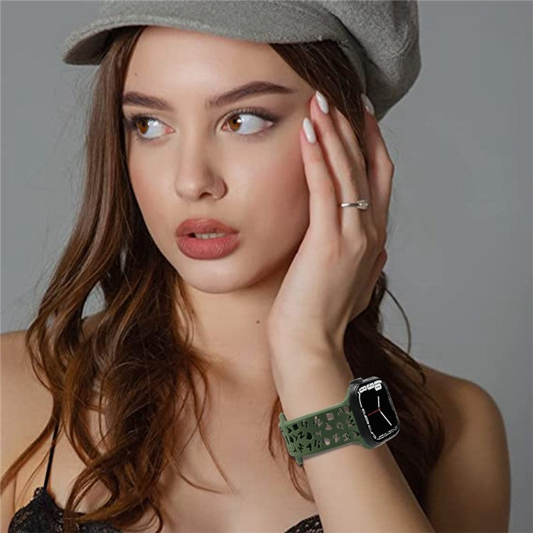 For Apple Watch Series 10 46mm / Ultra 2 Ultra 49mm / Series 9 8 7 45mm / 6 5 4 SE (2023) SE (2022) SE 44mm / 3 2 1 42mm Quick Release Silicone Strap Hollow Letters Watchband - Blackish Green