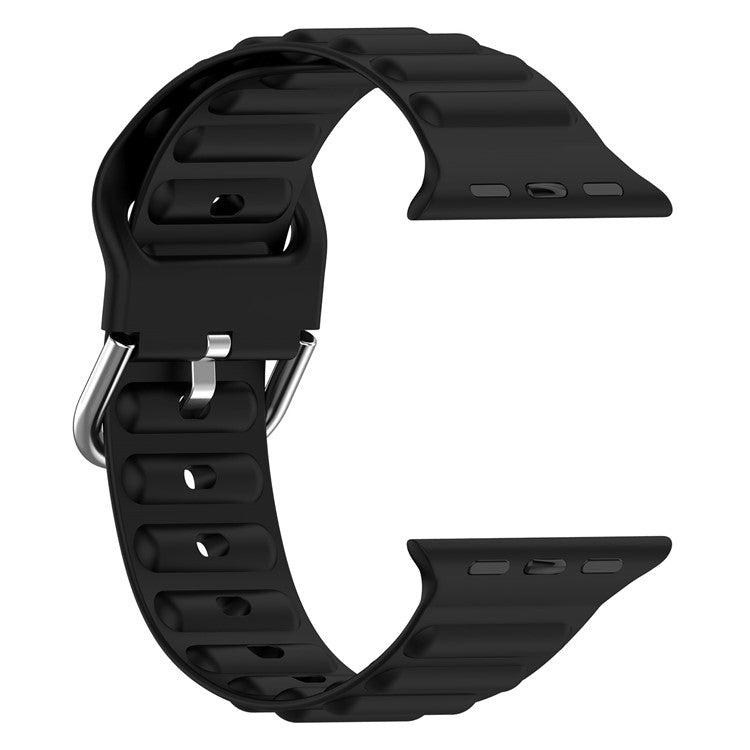 For Apple Watch Series 10 46mm / Ultra 2 Ultra 49mm / Series 9 8 7 45mm / 6 5 4 SE (2023) SE (2022) SE 44mm / 3 2 1 42mm Wave Design Silicone Watch Band Square Buckle Wrist Strap - Black