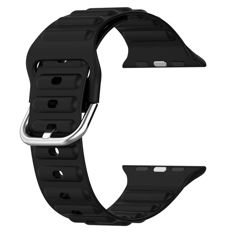 For Apple Watch Series 10 46mm / Ultra 2 Ultra 49mm / Series 9 8 7 45mm / 6 5 4 SE (2023) SE (2022) SE 44mm / 3 2 1 42mm Wave Design Silicone Watch Band Square Buckle Wrist Strap - Black