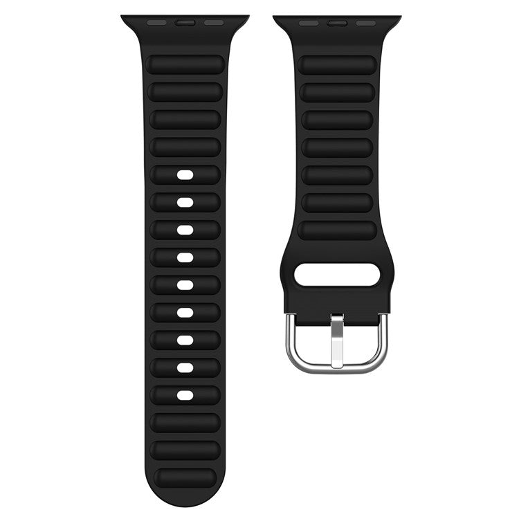 For Apple Watch Series 10 46mm / Ultra 2 Ultra 49mm / Series 9 8 7 45mm / 6 5 4 SE (2023) SE (2022) SE 44mm / 3 2 1 42mm Wave Design Silicone Watch Band Square Buckle Wrist Strap - Black