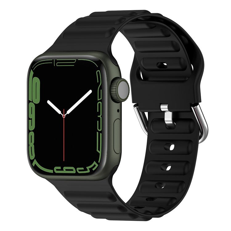 For Apple Watch Series 10 46mm / Ultra 2 Ultra 49mm / Series 9 8 7 45mm / 6 5 4 SE (2023) SE (2022) SE 44mm / 3 2 1 42mm Wave Design Silicone Watch Band Square Buckle Wrist Strap - Black