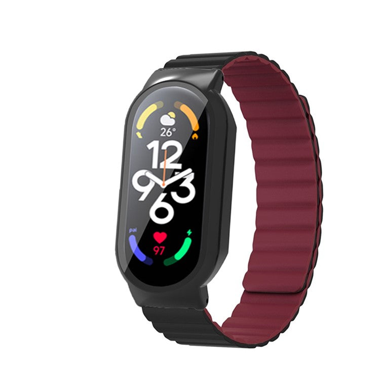 For Xiaomi Mi Band 7 / 7 NFC Silicone Magnetic Watch Band 3 in 1 Replacement Wrist Strap with PC Watch Case / Tempered Glass Screen Protector - Black / Wine Red