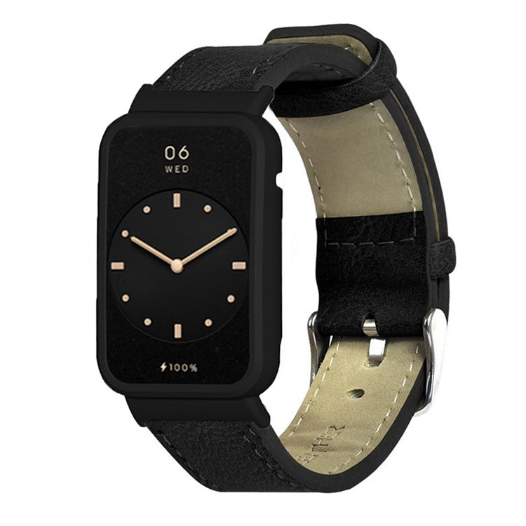 For Xiaomi Mi Band 7 Pro Genuine Leather Watch Band Replacement Wrist Strap with Watch Case Cover - Black