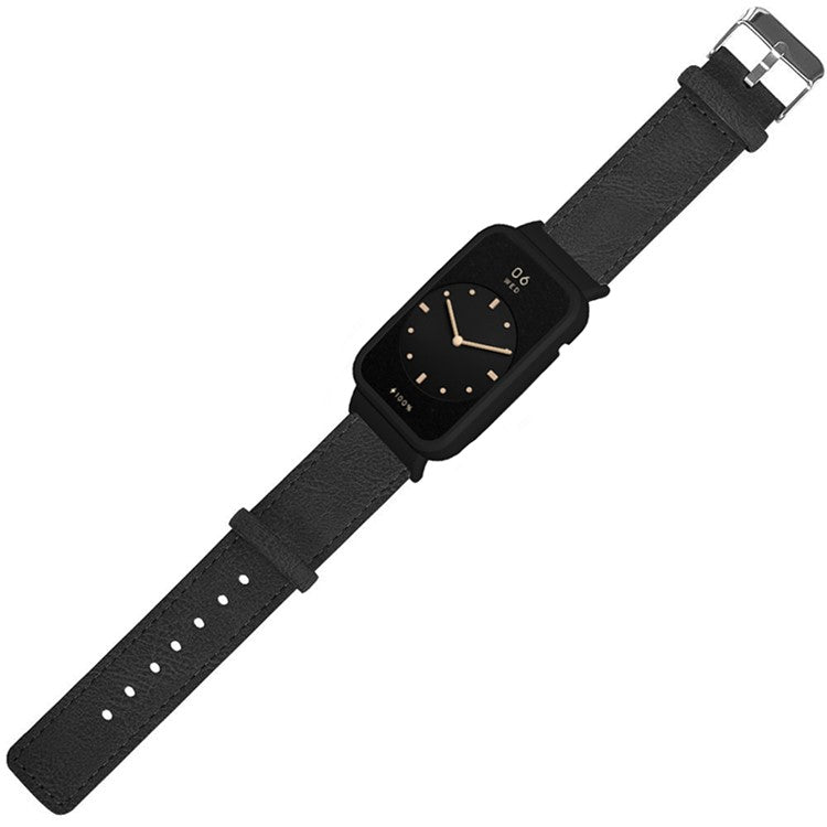 For Xiaomi Mi Band 7 Pro Genuine Leather Watch Band Replacement Wrist Strap with Watch Case Cover - Black