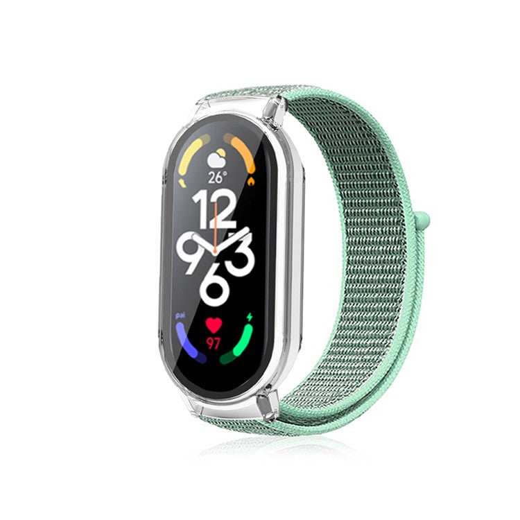 For Xiaomi Mi Band 7 / 7 NFC Nylon Loop Watch Strap 3 in 1 Wrist Band with PC Protective Case and Tempered Glass Screen Protector - Light Green / Transparent