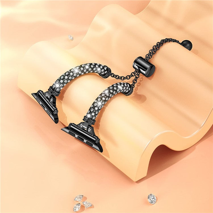 For Apple Watch Series 10 42mm / 9 8 7 41mm / 6 5 4 SE SE (2022) SE (2023) 40mm / 3 2 1 38mm Metal Stretch Jewelry Watch Strap Rhinestone Decorated Wristband for Women Girls - Black