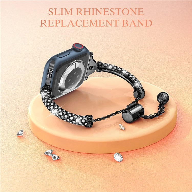 For Apple Watch Series 10 42mm / 9 8 7 41mm / 6 5 4 SE SE (2022) SE (2023) 40mm / 3 2 1 38mm Metal Stretch Jewelry Watch Strap Rhinestone Decorated Wristband for Women Girls - Black