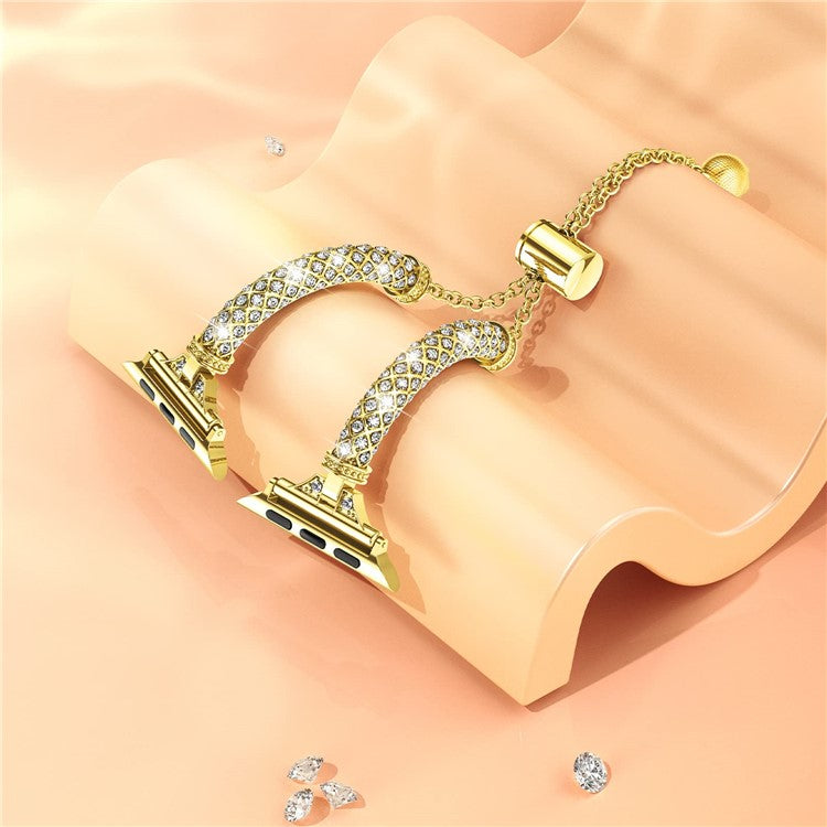 For Apple Watch Series 10 42mm / 9 8 7 41mm / 6 5 4 SE SE (2022) SE (2023) 40mm / 3 2 1 38mm Metal Stretch Jewelry Watch Strap Rhinestone Decorated Wristband for Women Girls - Gold