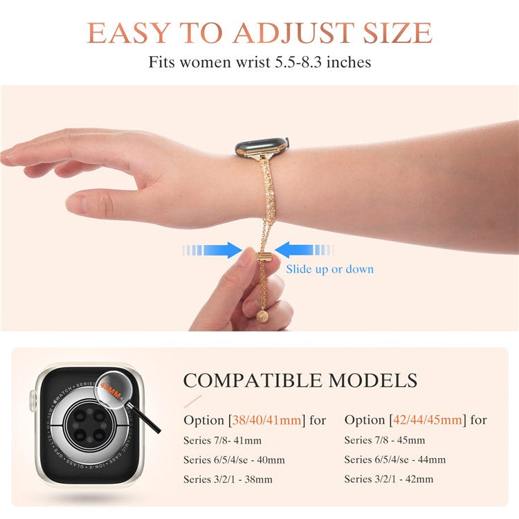 For Apple Watch Series 10 42mm / 9 8 7 41mm / 6 5 4 SE SE (2022) SE (2023) 40mm / 3 2 1 38mm Metal Stretch Jewelry Watch Strap Rhinestone Decorated Wristband for Women Girls - Gold