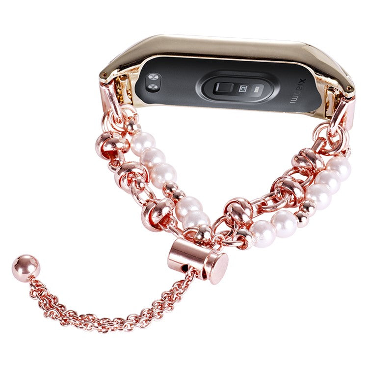 For Xiaomi Mi Band 3 / 4 Pearl Jewelry Watch Strap for Women Girls Sliding Adjustable Metal Wrist Band - Rose Gold