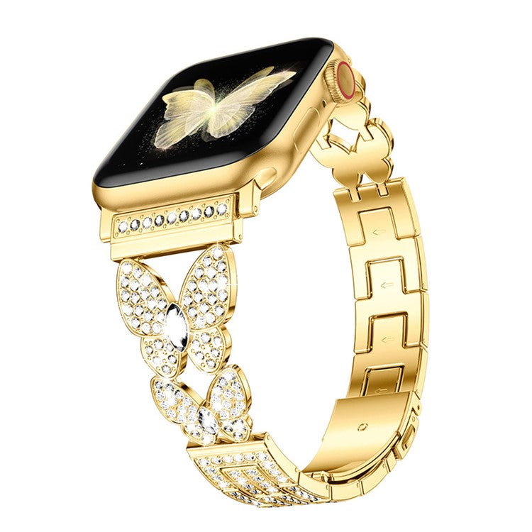 For Apple Watch Series 10 46mm / Ultra 2 Ultra 49mm / Series 9 8 7 45mm / 6 5 4 SE (2023) SE (2022) SE 44mm / 3 2 1 42mm Quick Release Metal Watch Band Butterfly Watchband Rhinestone Decor - Gold