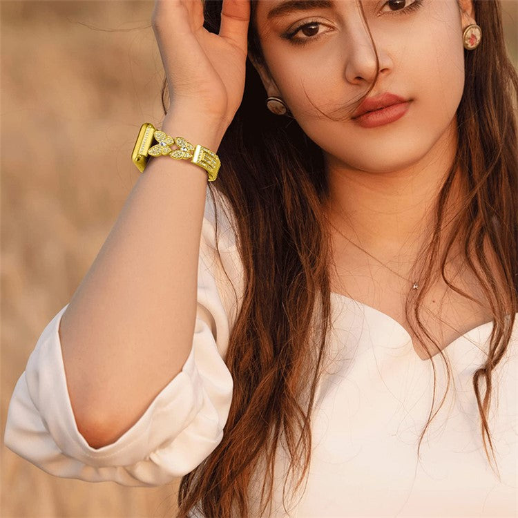 For Apple Watch Series 10 46mm / Ultra 2 Ultra 49mm / Series 9 8 7 45mm / 6 5 4 SE (2023) SE (2022) SE 44mm / 3 2 1 42mm Quick Release Metal Watch Band Butterfly Watchband Rhinestone Decor - Gold