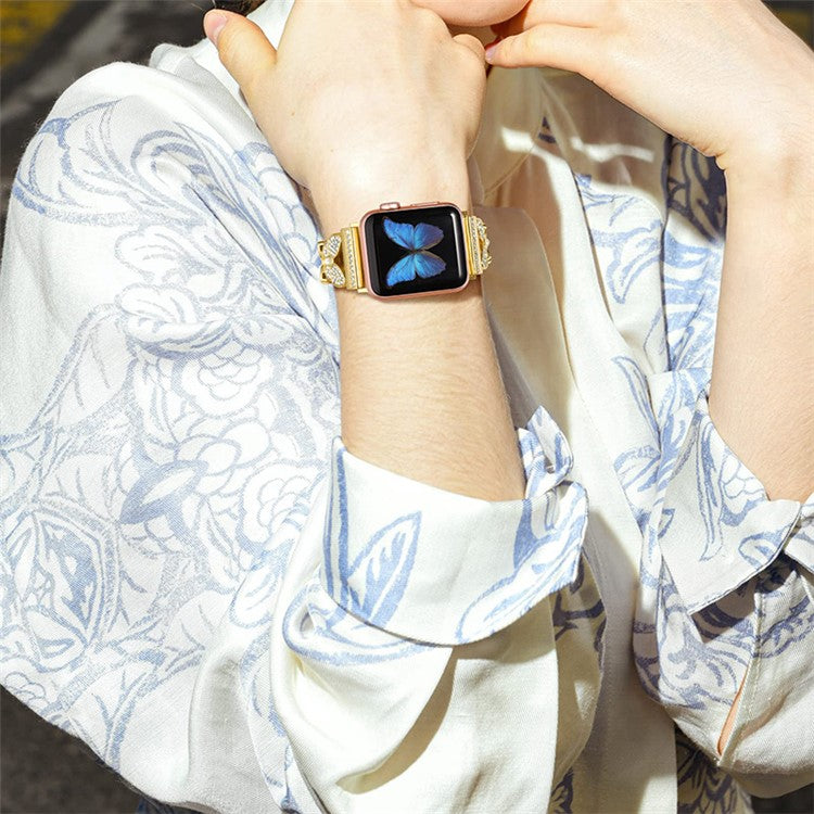 For Apple Watch Series 10 46mm / Ultra 2 Ultra 49mm / Series 9 8 7 45mm / 6 5 4 SE (2023) SE (2022) SE 44mm / 3 2 1 42mm Quick Release Metal Watch Band Butterfly Watchband Rhinestone Decor - Gold