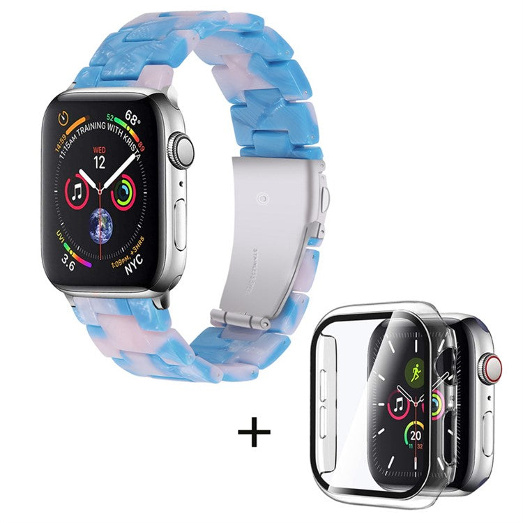 For Apple Watch Series 6 / 5 / 4 / SE / SE (2022) 44mm 3 Beads Resin Watch Strap Replacement Wrist Band with Transparent Watch Case - Blue Pink Mix