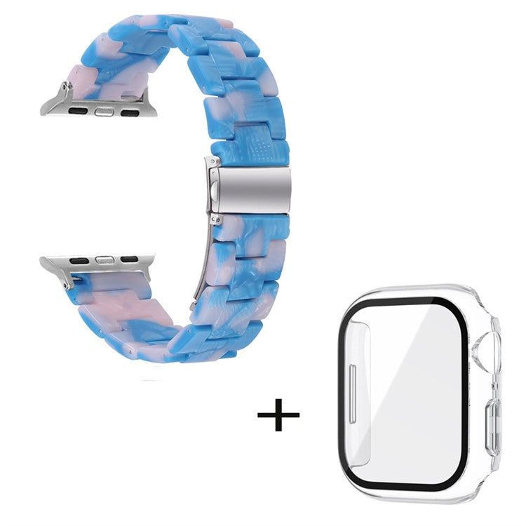 For Apple Watch Series 6 / 5 / 4 / SE / SE (2022) 44mm 3 Beads Resin Watch Strap Replacement Wrist Band with Transparent Watch Case - Blue Pink Mix