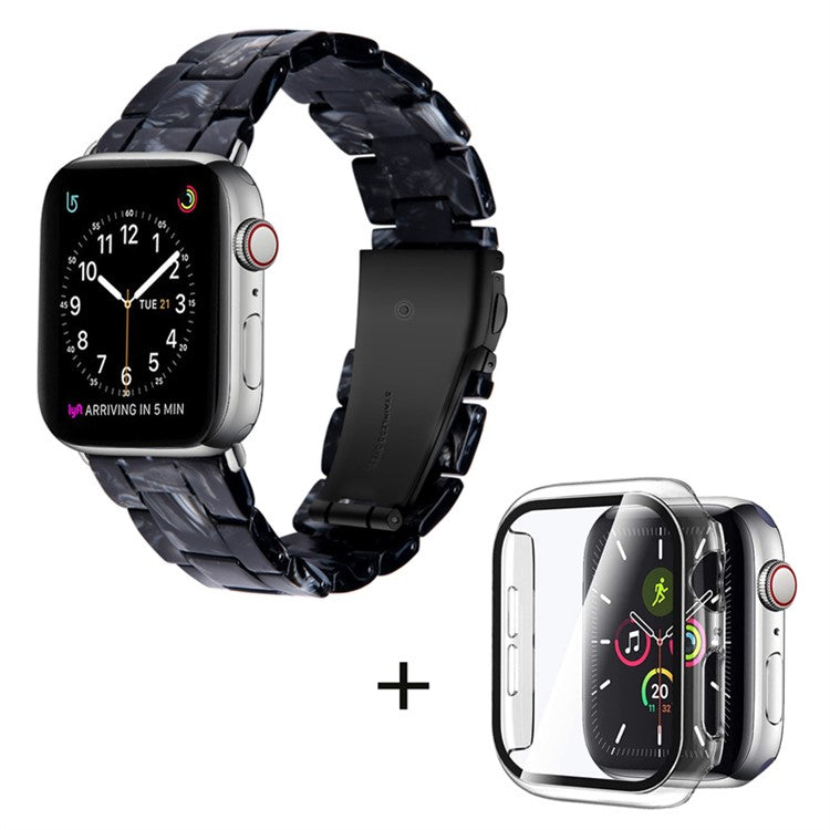 For Apple Watch Series 6 / 5 / 4 / SE / SE (2022) 44mm 3 Beads Resin Watch Strap Replacement Wrist Band with Transparent Watch Case - Black Mix