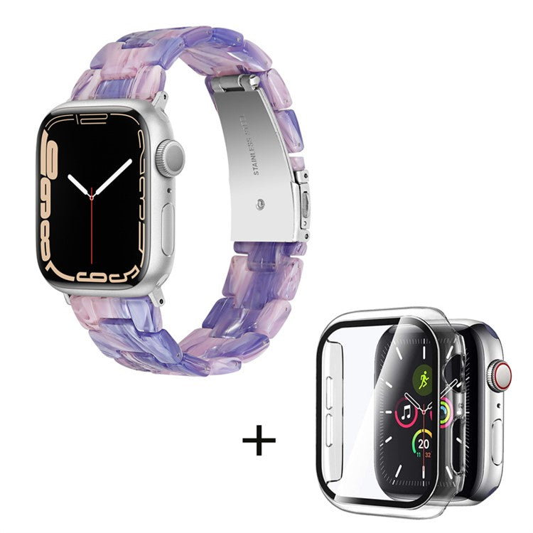 For Apple Watch Series 6 / 5 / 4 / SE / SE (2022) 44mm 3 Beads Resin Watch Band Stainless Steel Folding Clasp Strap with Transparent Watch Case - Purple Pink Mix